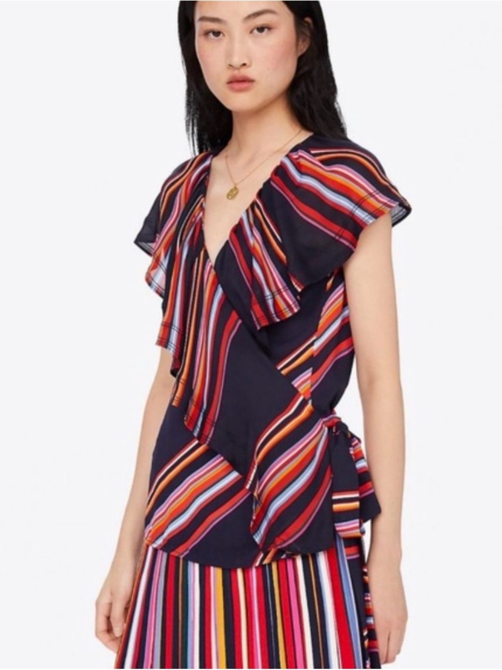 Tory Burch Navy Wrap Top with Multicolor Stripes
